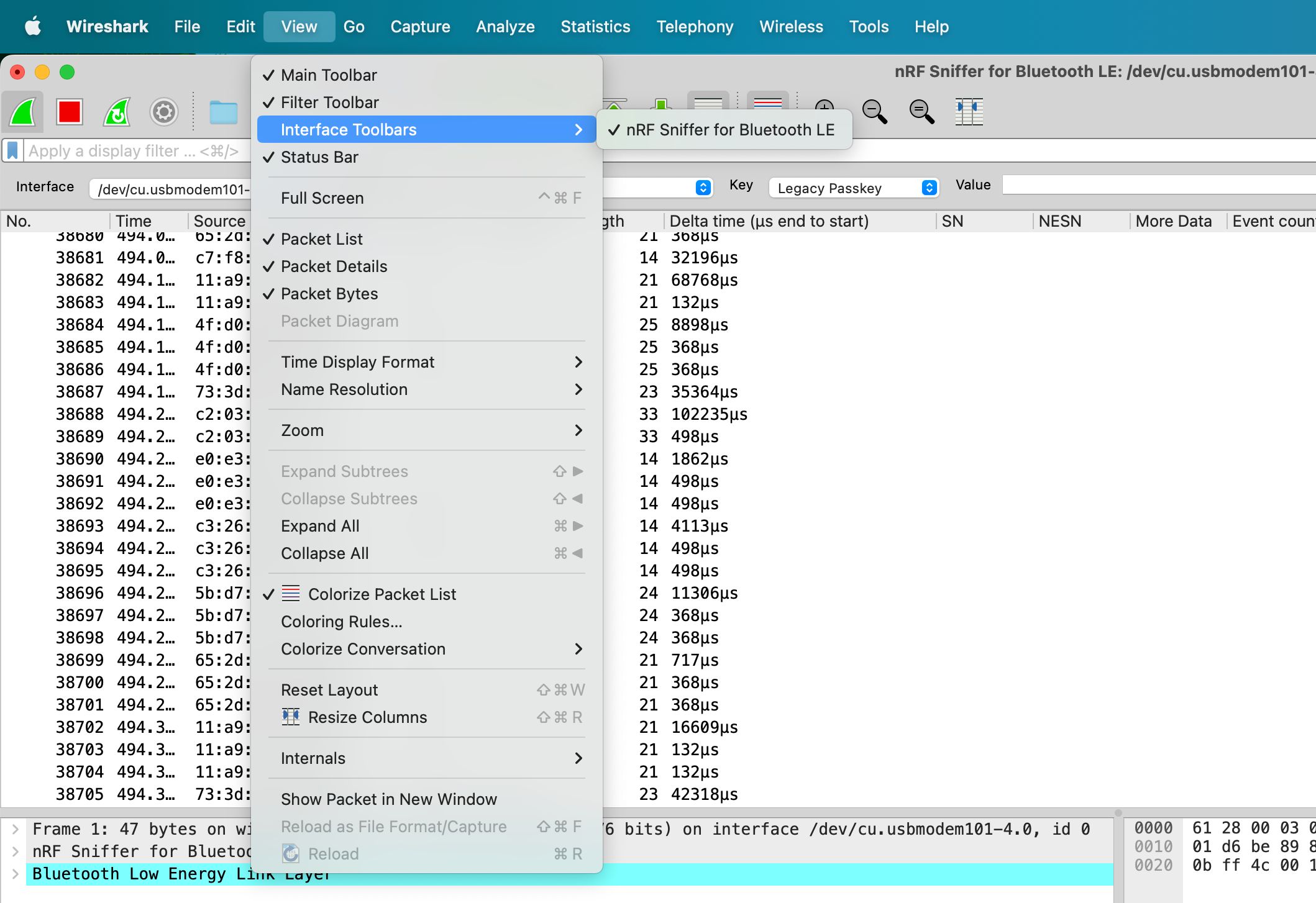 Enabling the nRF Sniffer Interface Toolbar in Wireshark