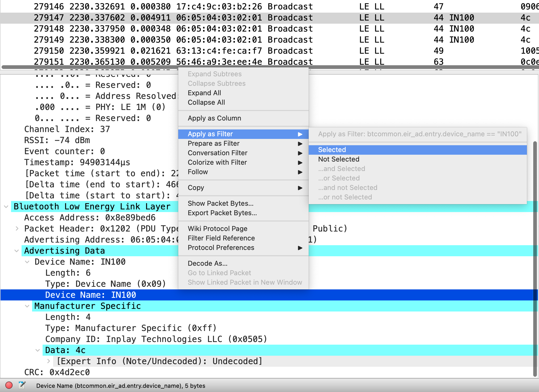 Adding a Display Filter via the Right-Click Menu
