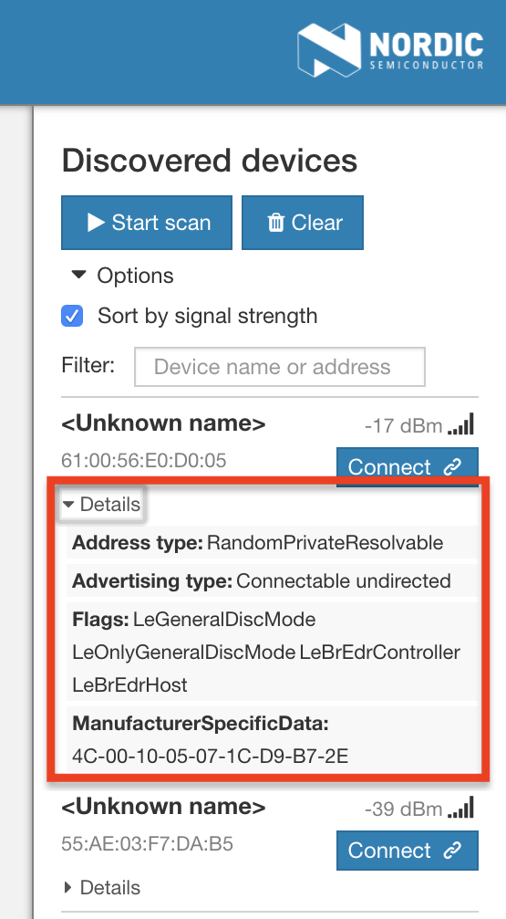 nRF Connect Advertising details