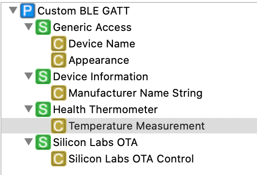 GATT Configurator showing the Health Thermometer service and characteristics
