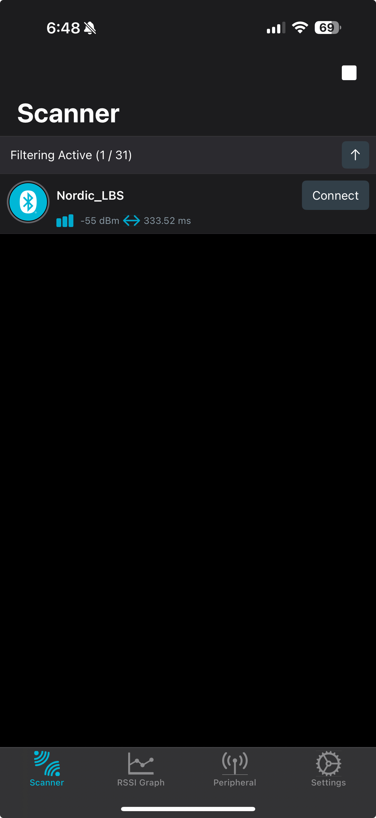 nRF Connect for Mobile app showing BLE peripheral connection