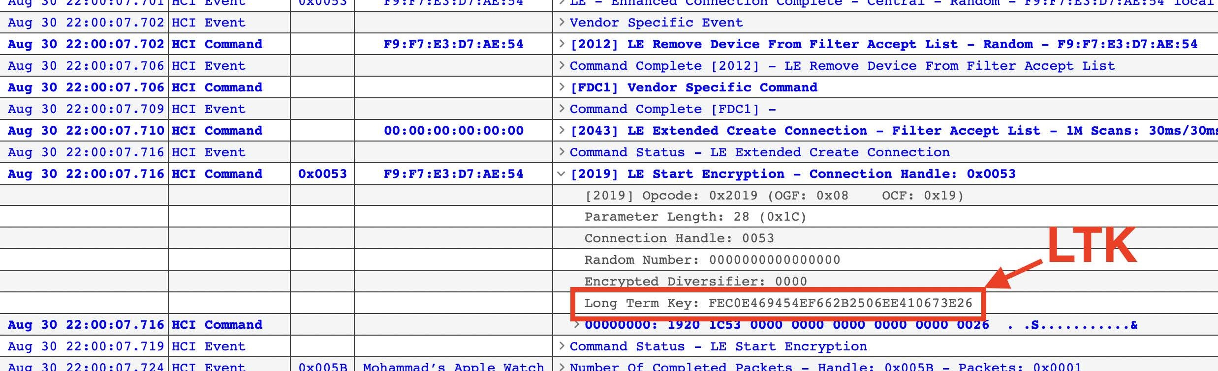 Capturing the LTK in Packet Logger upon reconnection