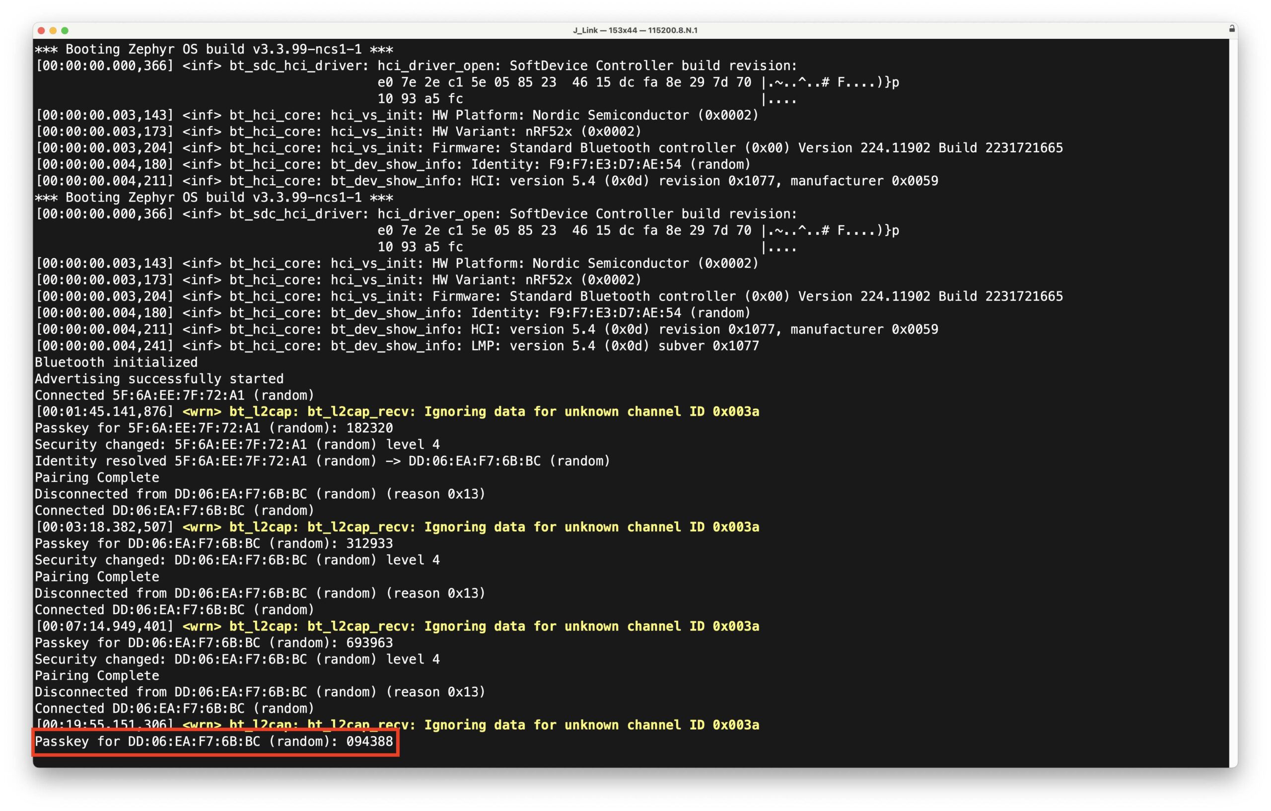 Passkey from the board shown in the serial terminal