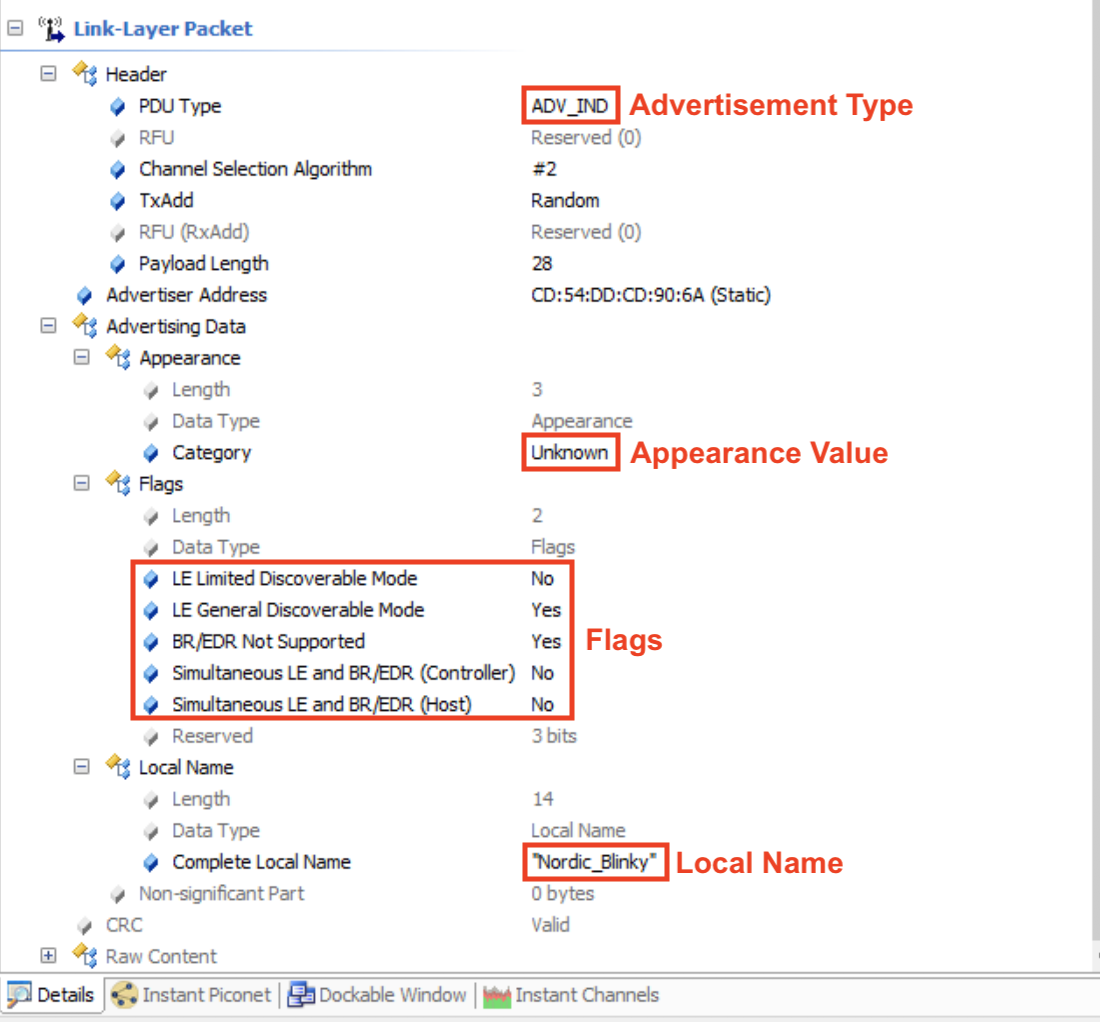 Connectable advertisement packet details