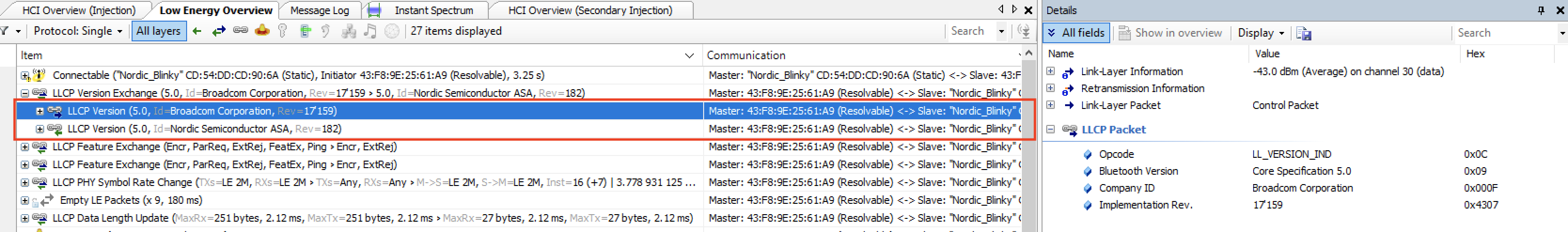 Version exchange packets between iPhone and Nordic DK