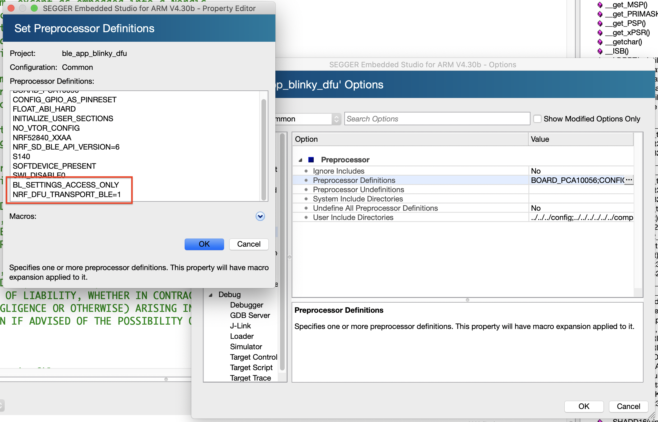 DFU Preprocessor definitions in Segger Embedded Studio