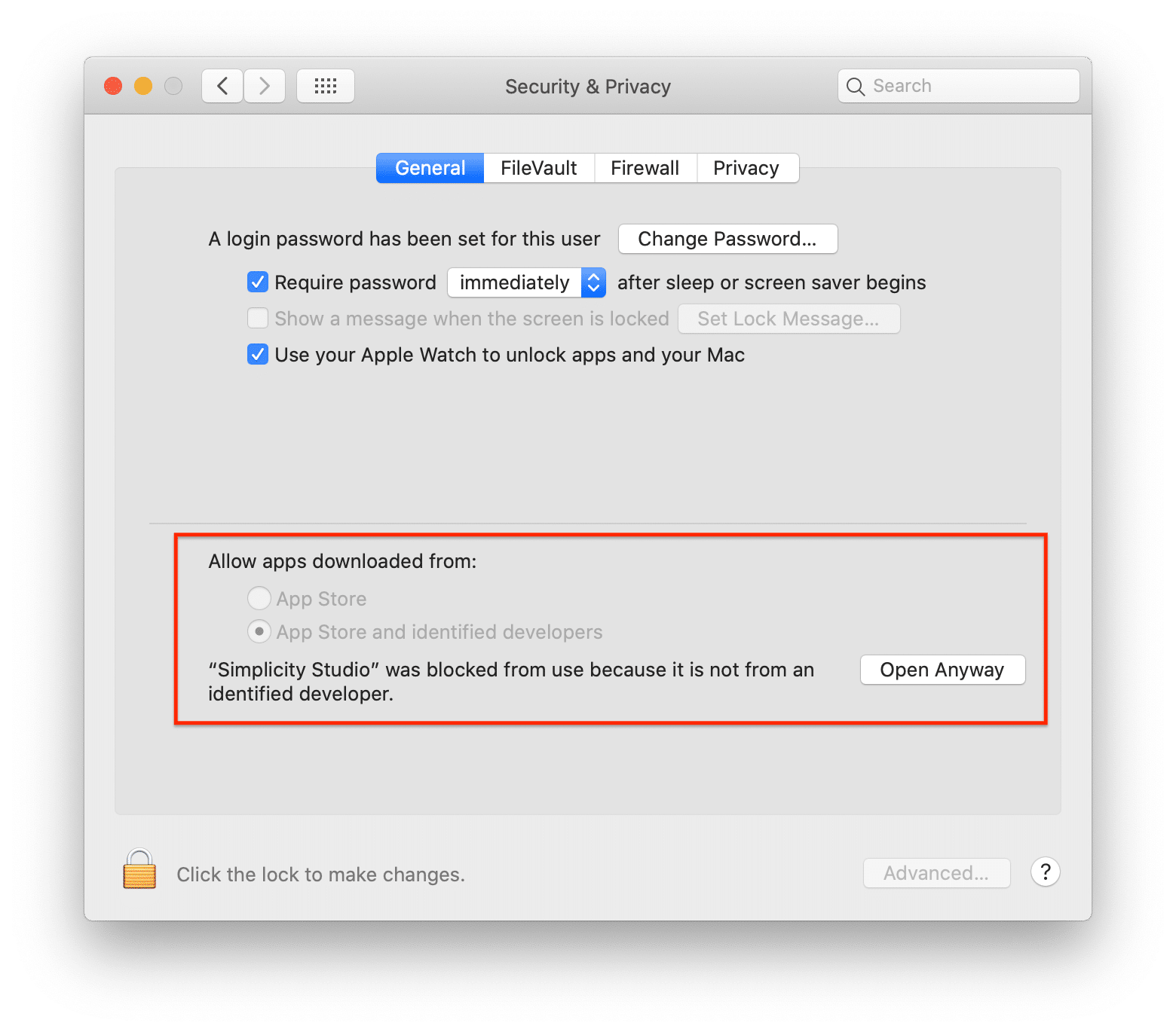 macOS Security and Privacy settings showing Open Anyway option for Simplicity Studio
