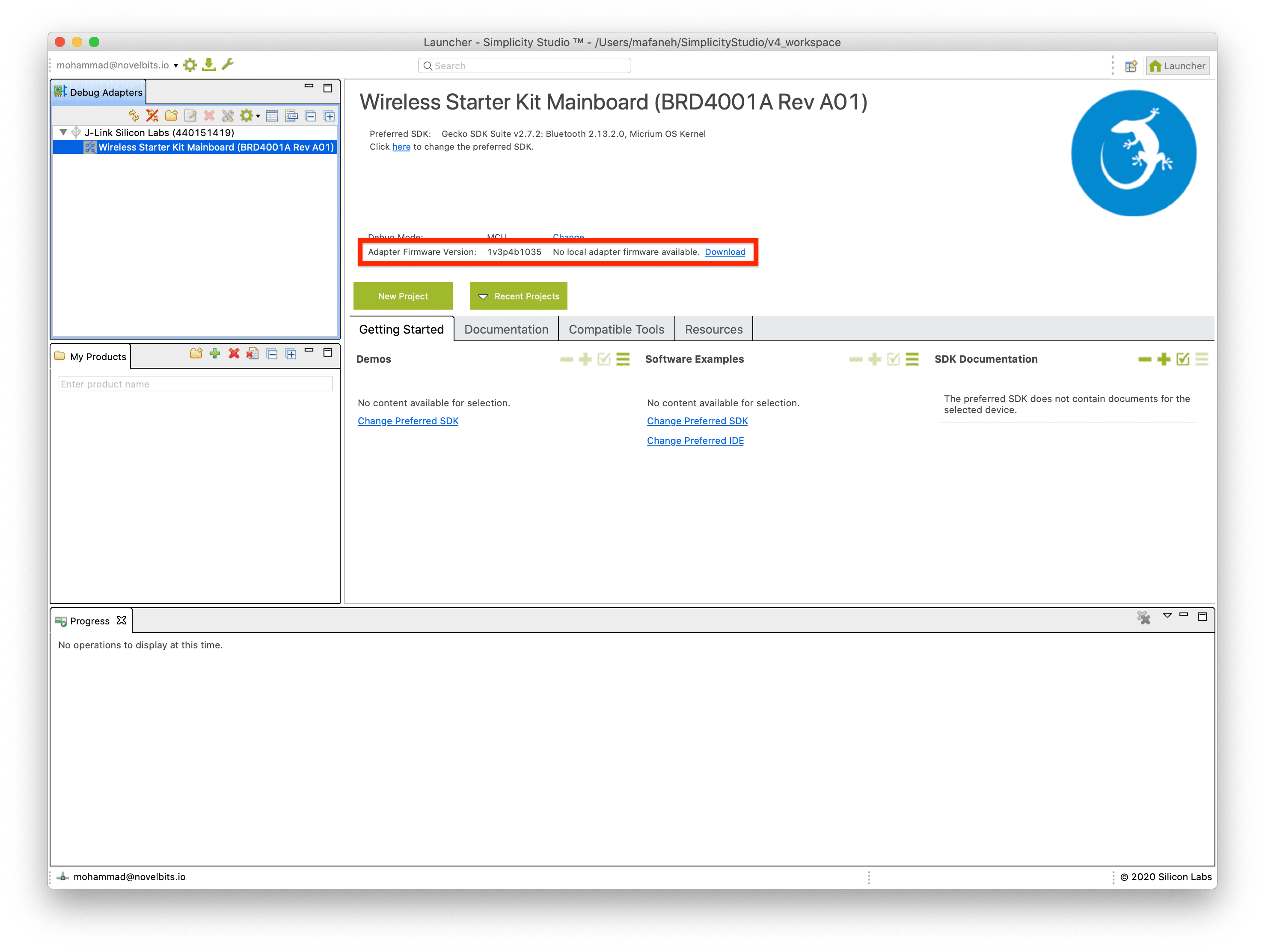 Simplicity Studio adapter firmware update available with Download button