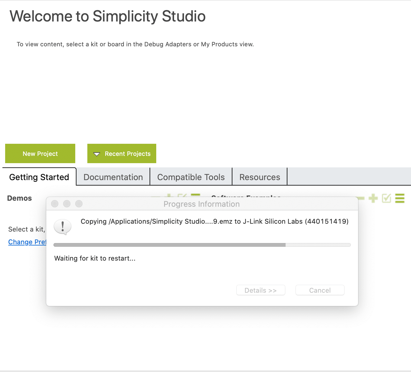 Simplicity Studio showing adapter firmware update complete