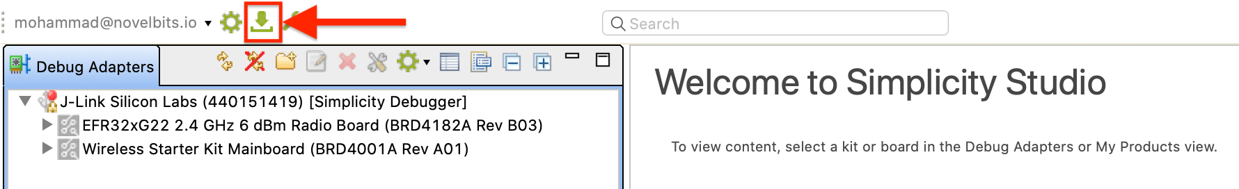 Simplicity Studio toolbar showing the software update icon