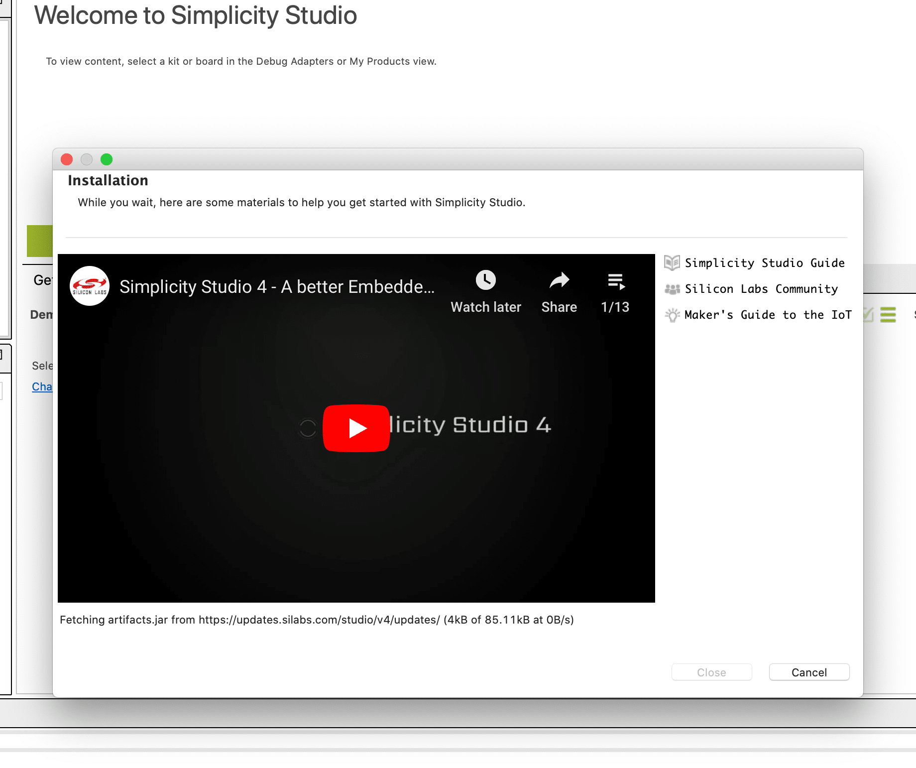 Simplicity Studio SDK installation progress screen