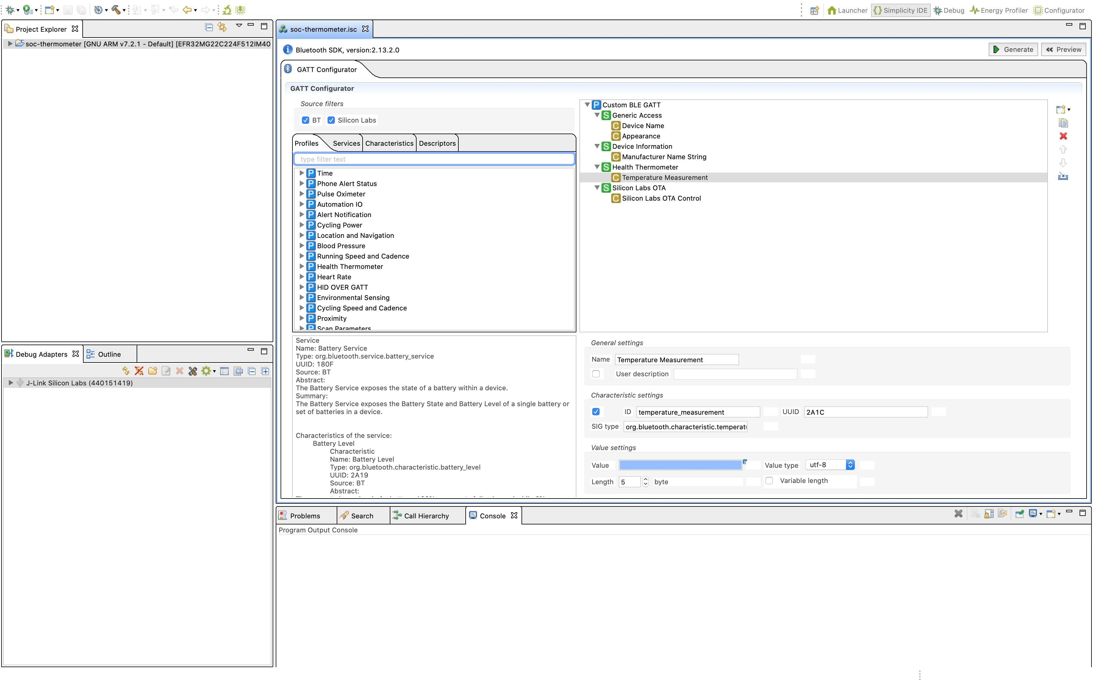 SOC Thermometer example project overview in Simplicity Studio