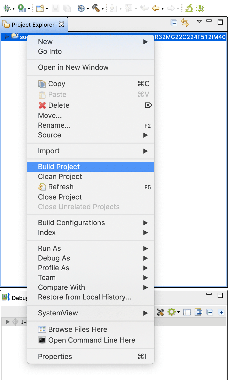 Simplicity Studio context menu with Build Project option