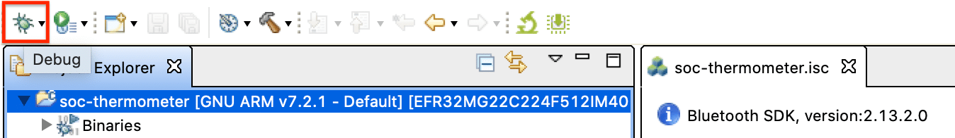 Simplicity Studio toolbar highlighting the Debug button