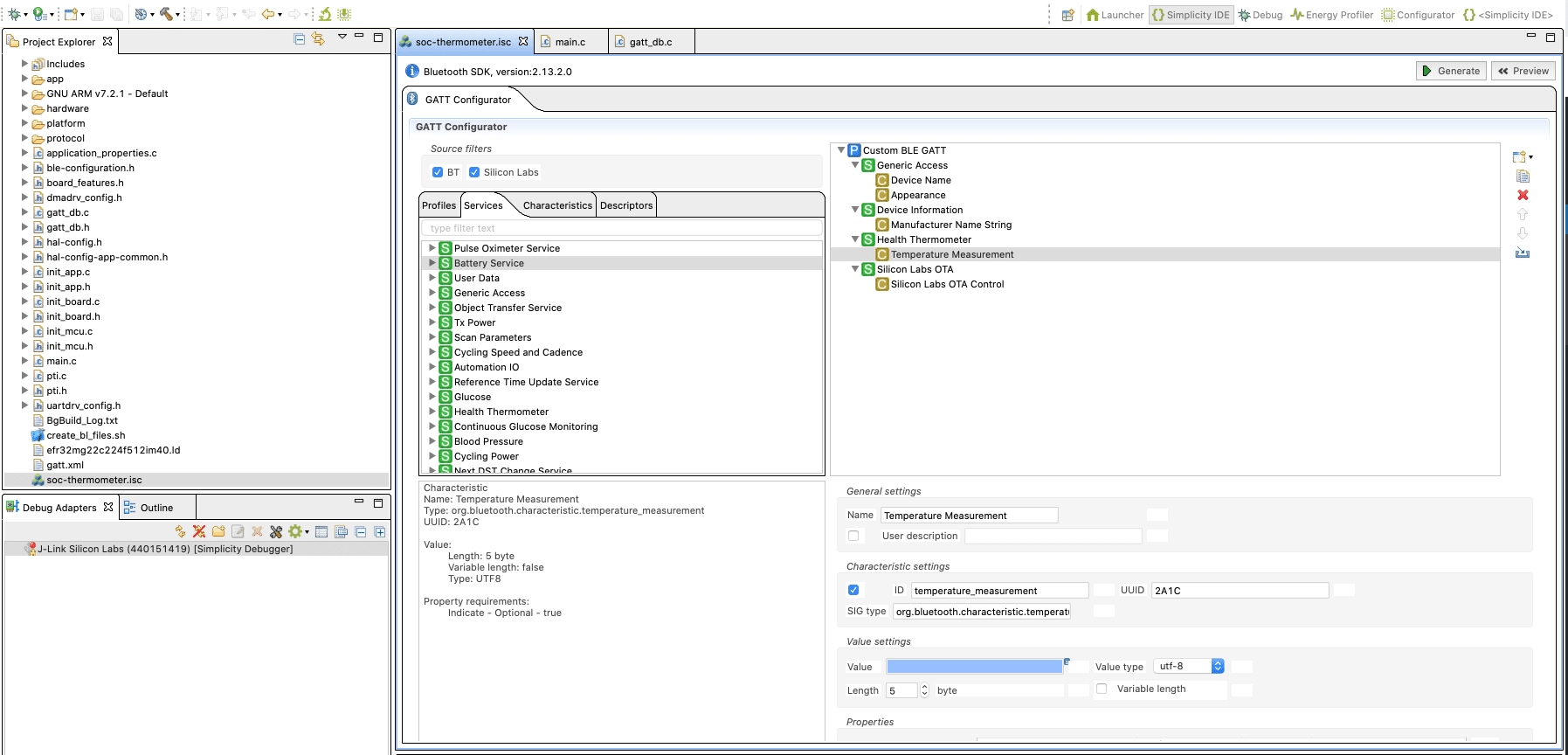 GATT Configurator tool in Simplicity Studio showing service and characteristic editor