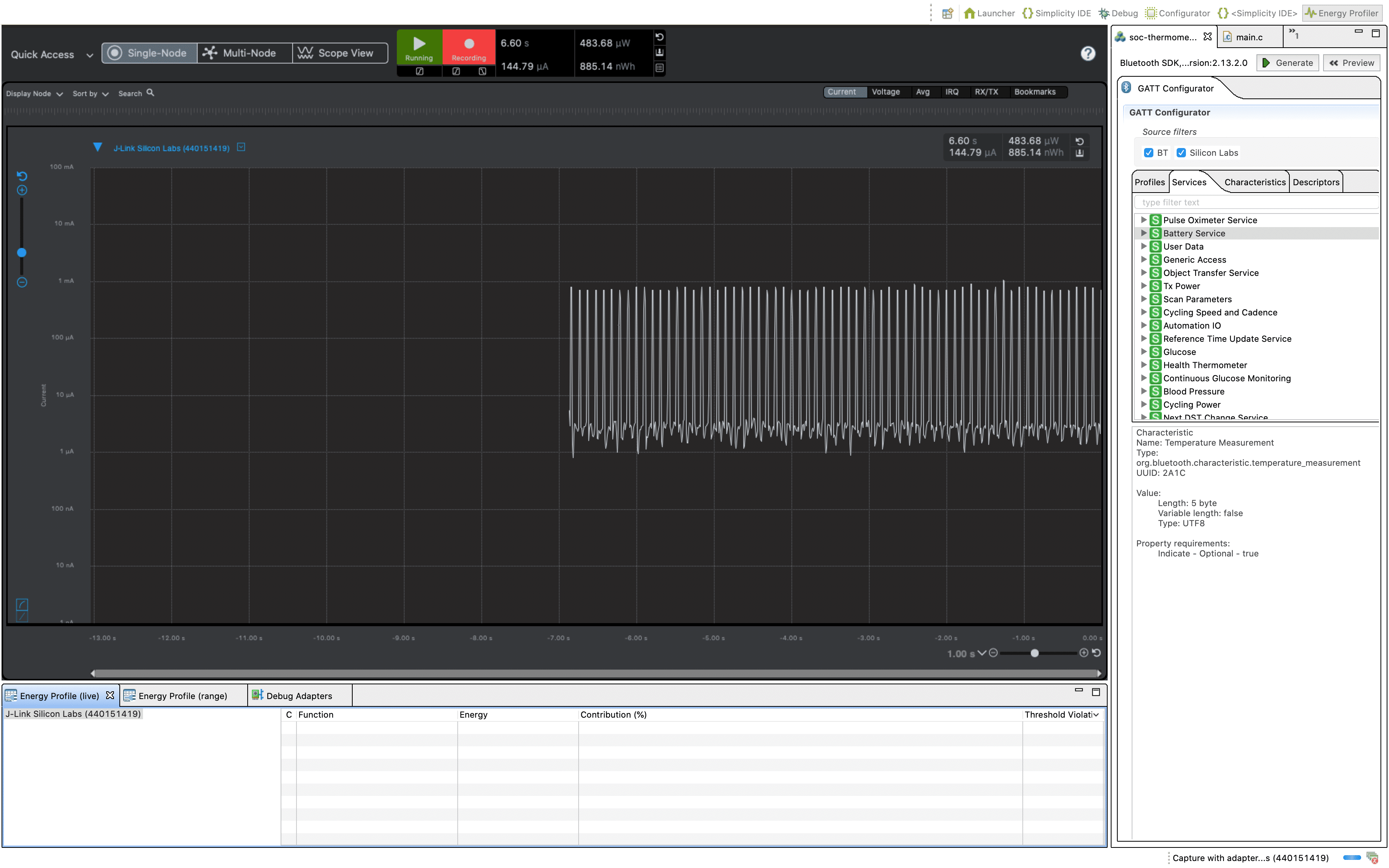 Multi-Node Energy Profiler displaying real-time current consumption graph