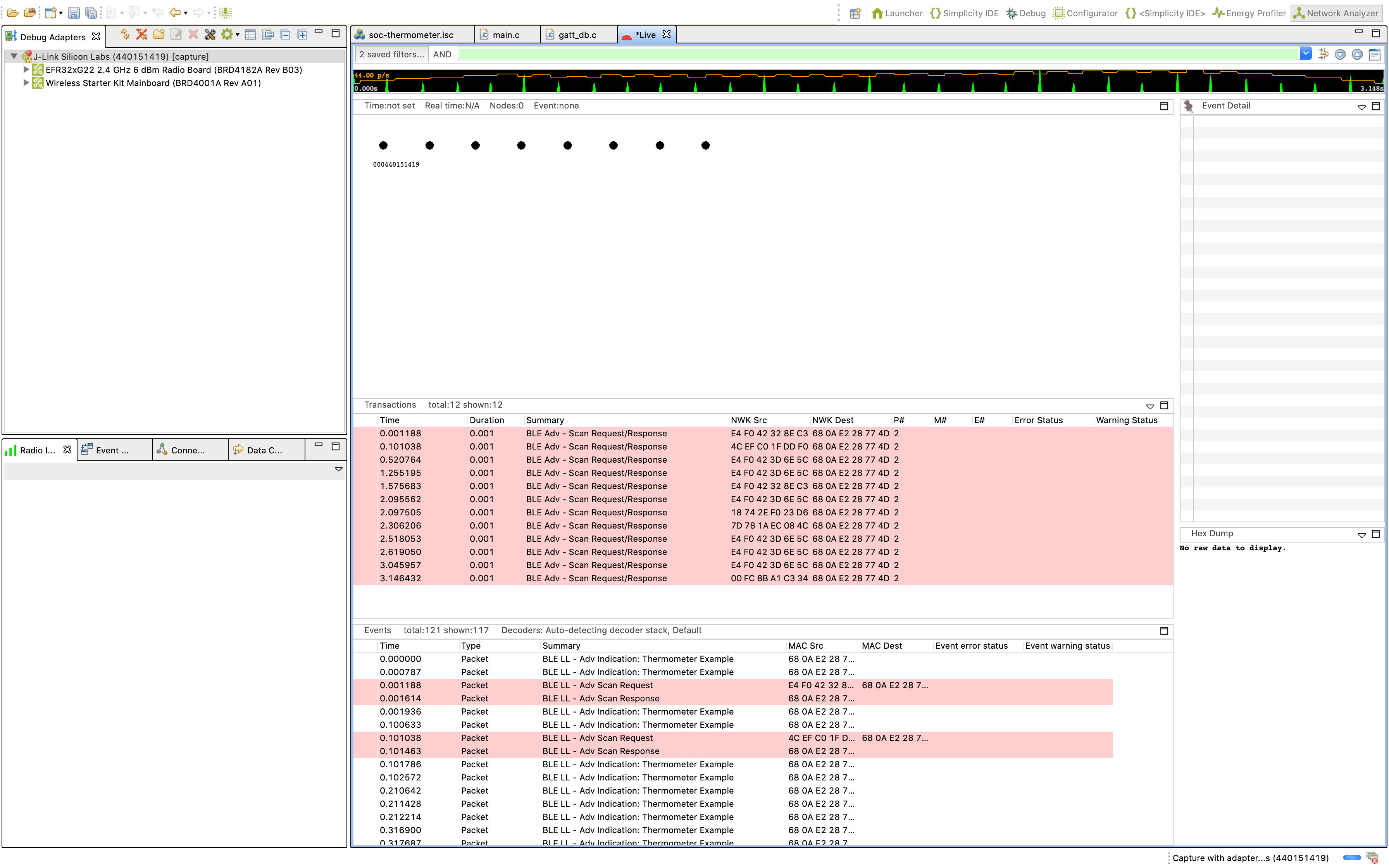 Network Analyzer showing captured Bluetooth LE packet trace