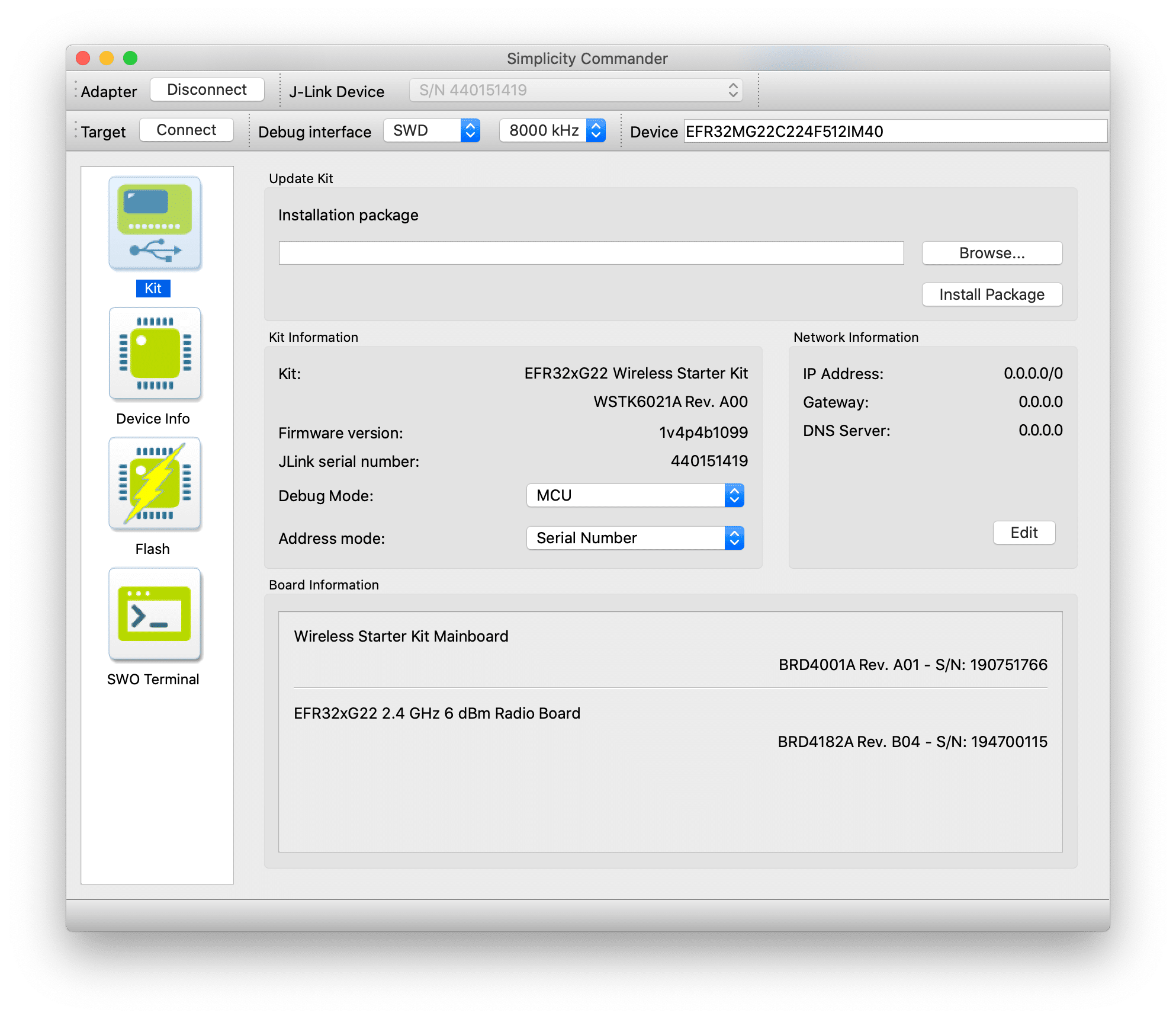 Simplicity Commander application interface for flashing and device management