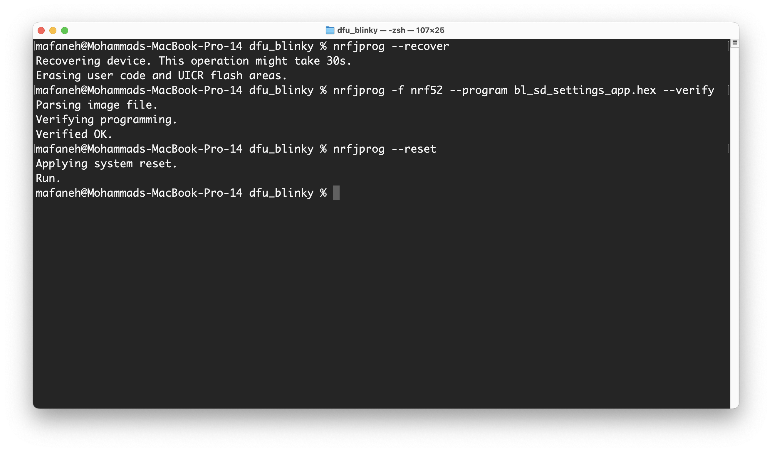 Terminal output from flashing hex firmware image with nrfjprog