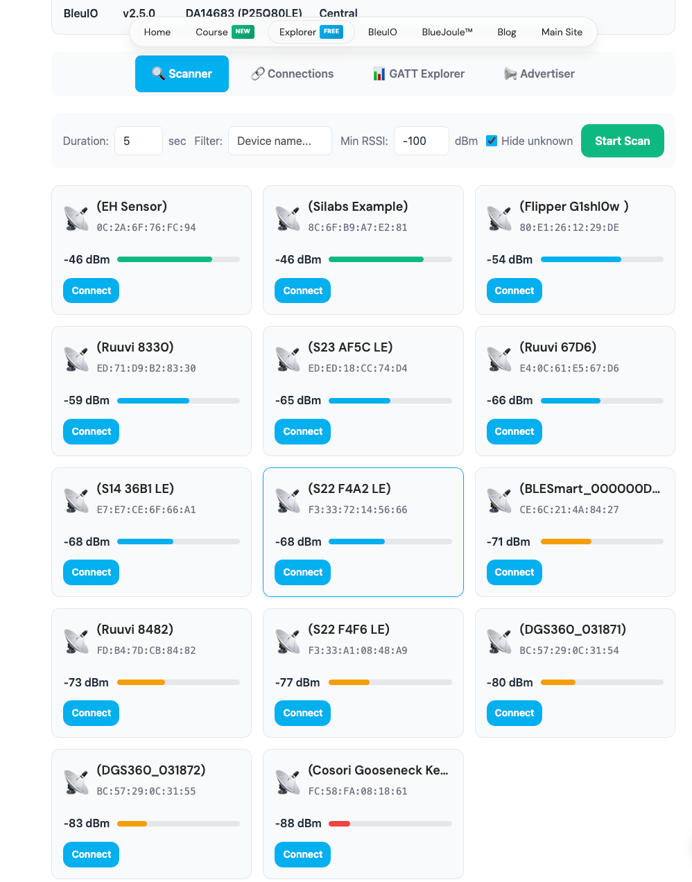 BleuIO Explorer scan results showing multiple discovered Bluetooth LE devices with RSSI values