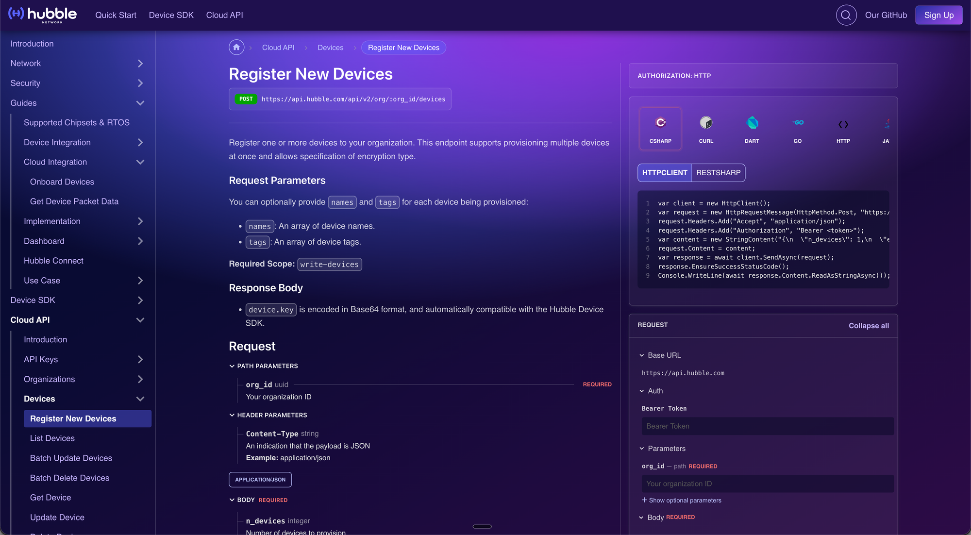 Hubble Cloud API Register New Devices interface