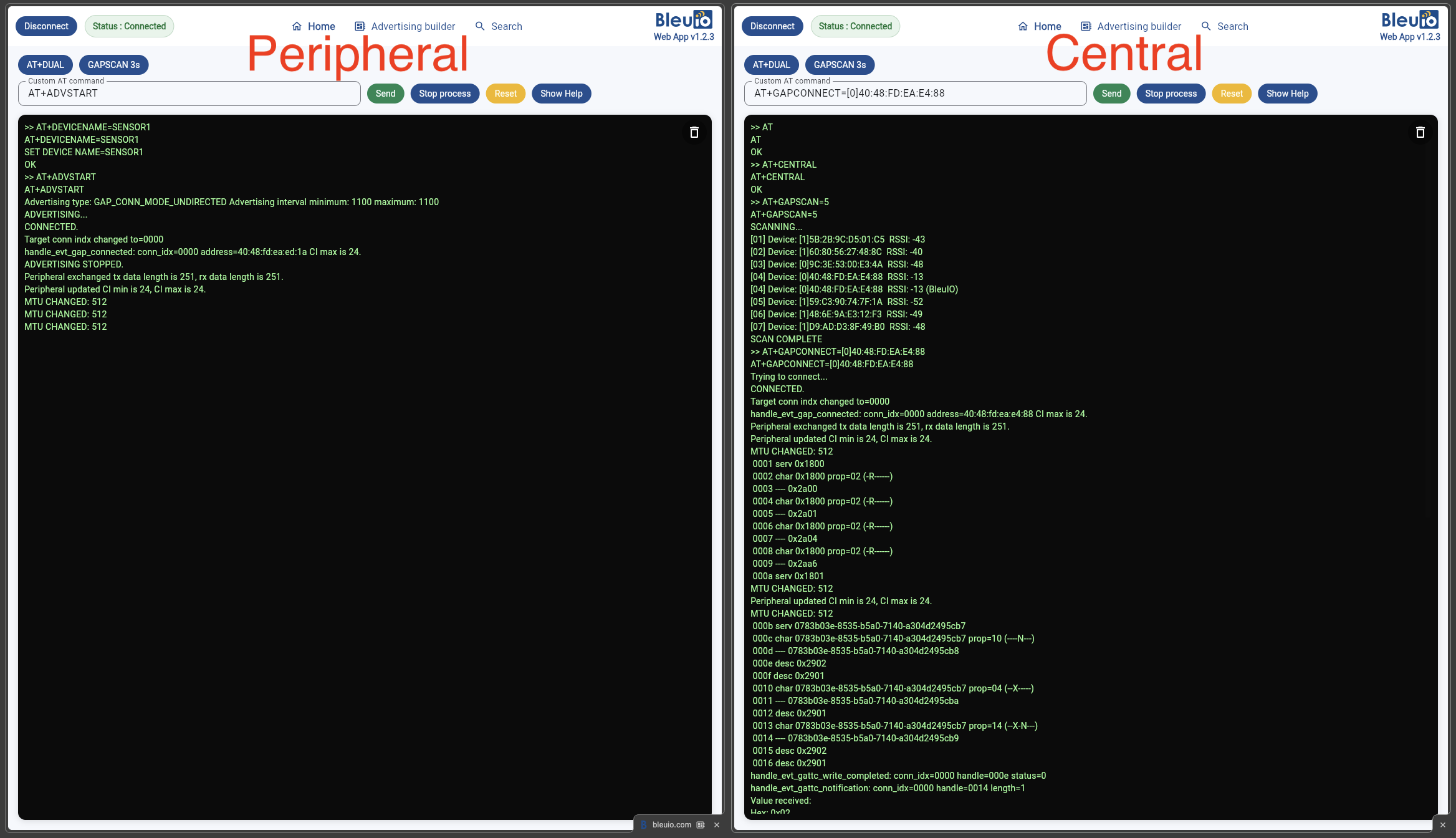 Two BleuIO Web Terminal windows showing a successful connection: the peripheral (left) advertising as SENSOR1 and the central (right) scanning, connecting, and discovering GATT services