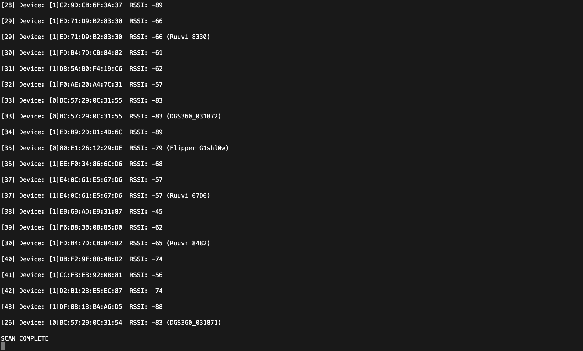 Terminal output showing AT+GAPSCAN=5 results with 43 Bluetooth LE devices discovered, RSSI values from -45 to -96 dBm
